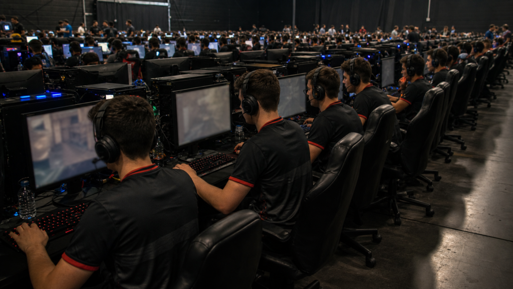 Counter-Strike team competing at a crowded open LAN