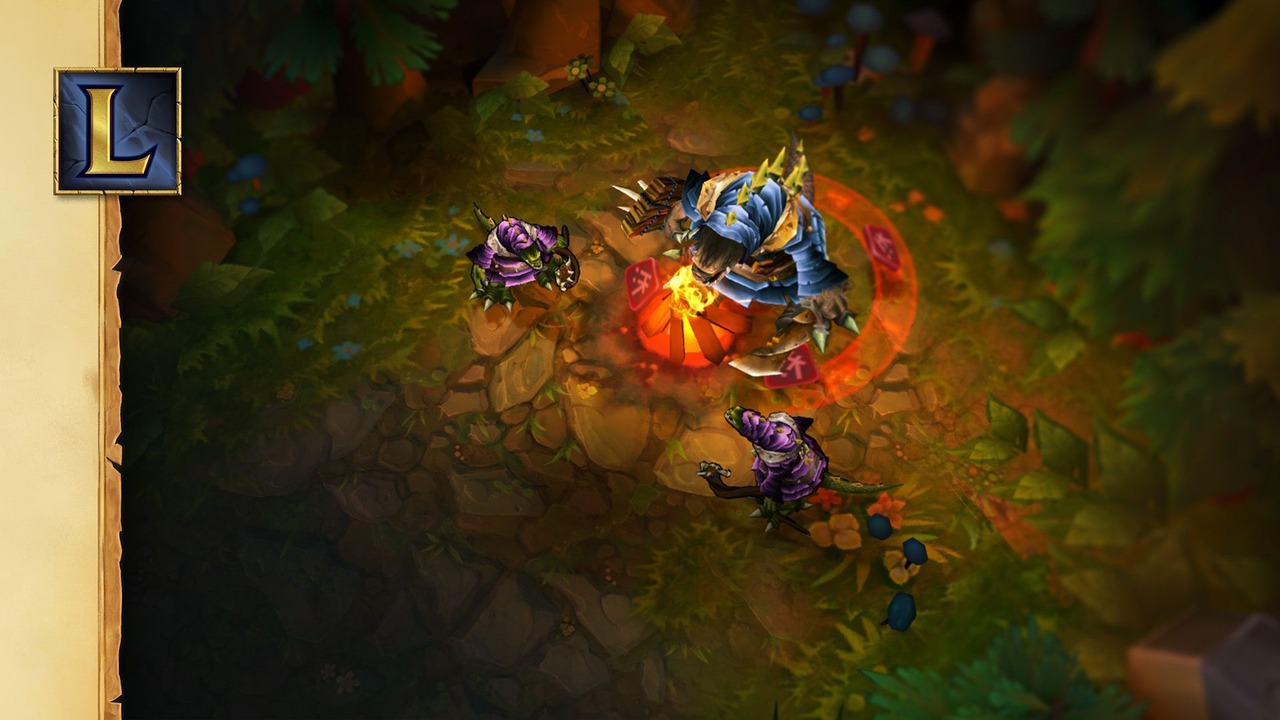 League of Legends champions fight near a lane objective