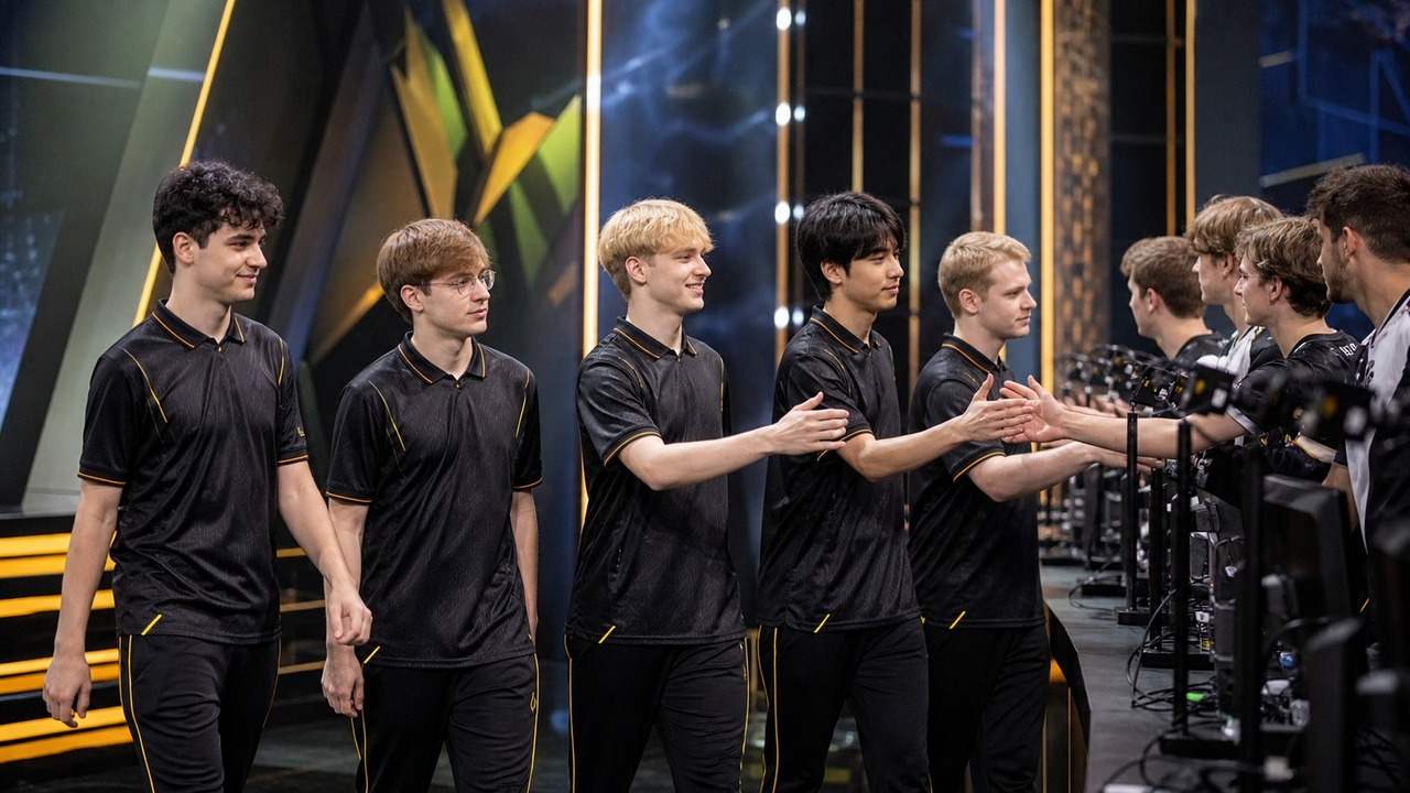 Two League of Legends teams shake hands after a stage match