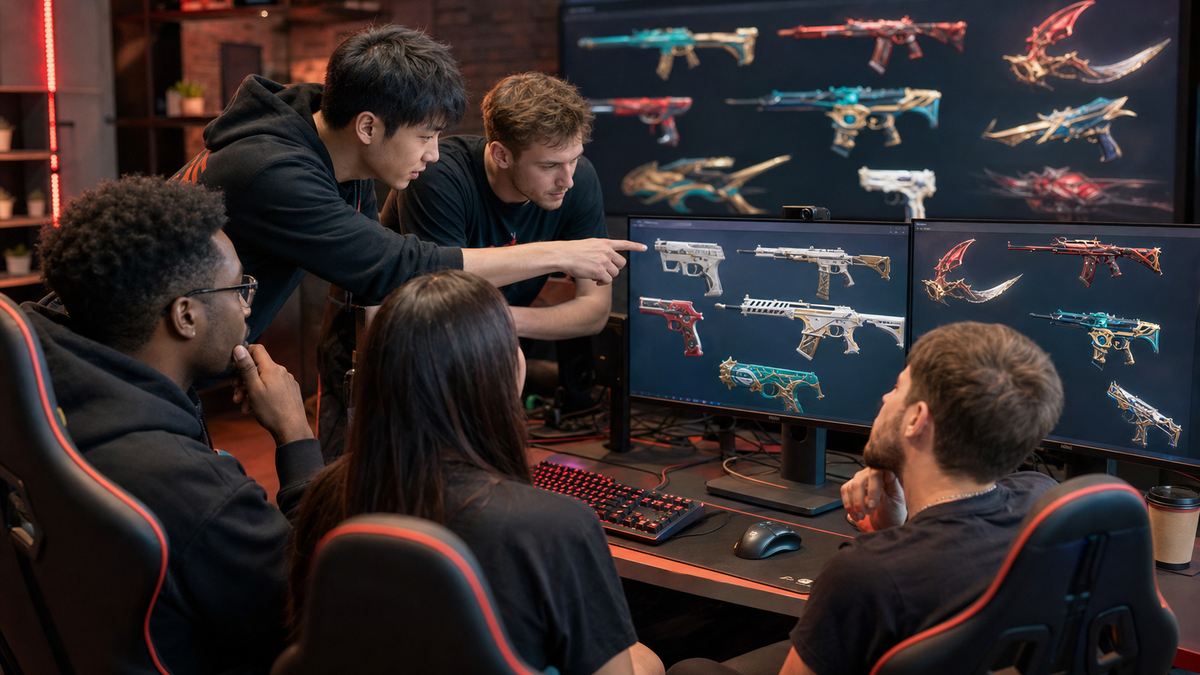 Esports team reviewing charity-themed tactical shooter cosmetics