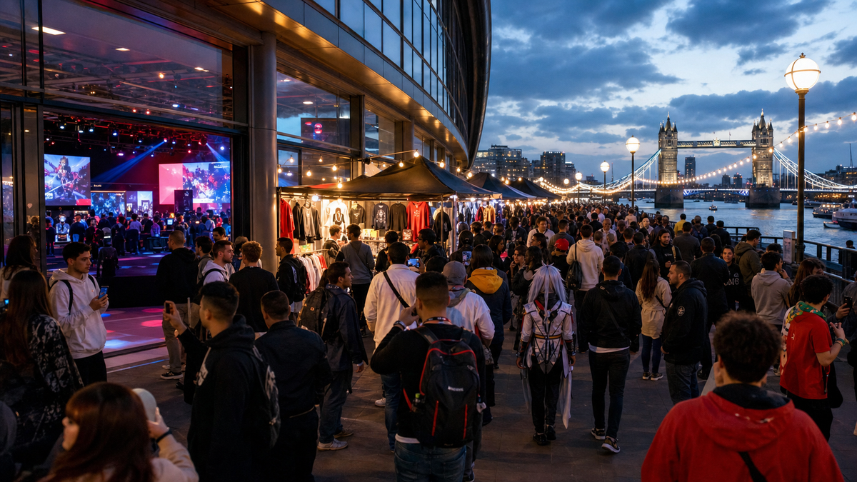 Esports fans gathering near a London riverside venue during an evening fan festival