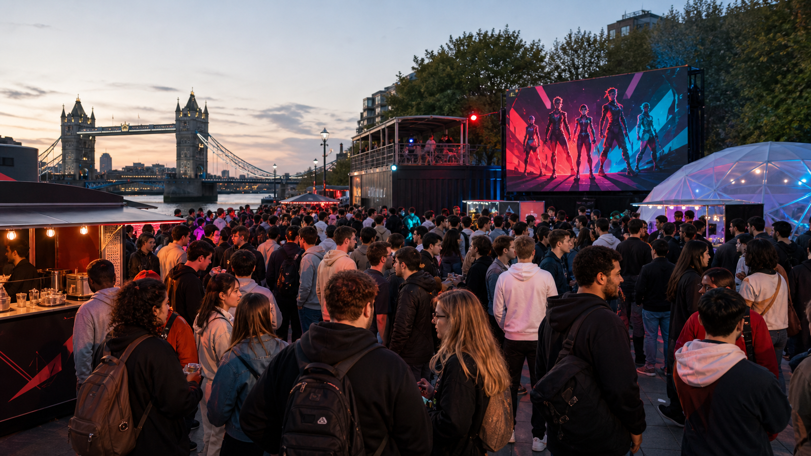 Esports fans gathering at a riverside London fan festival before a watch party