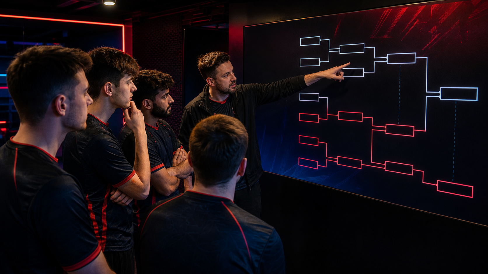 Esports analyst desk with a tournament bracket on a screen