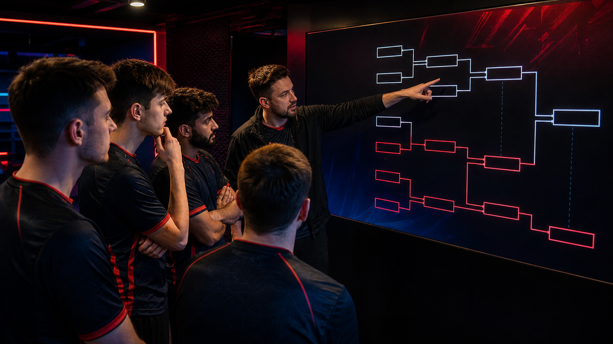 Esports team studying a double-elimination tournament bracket