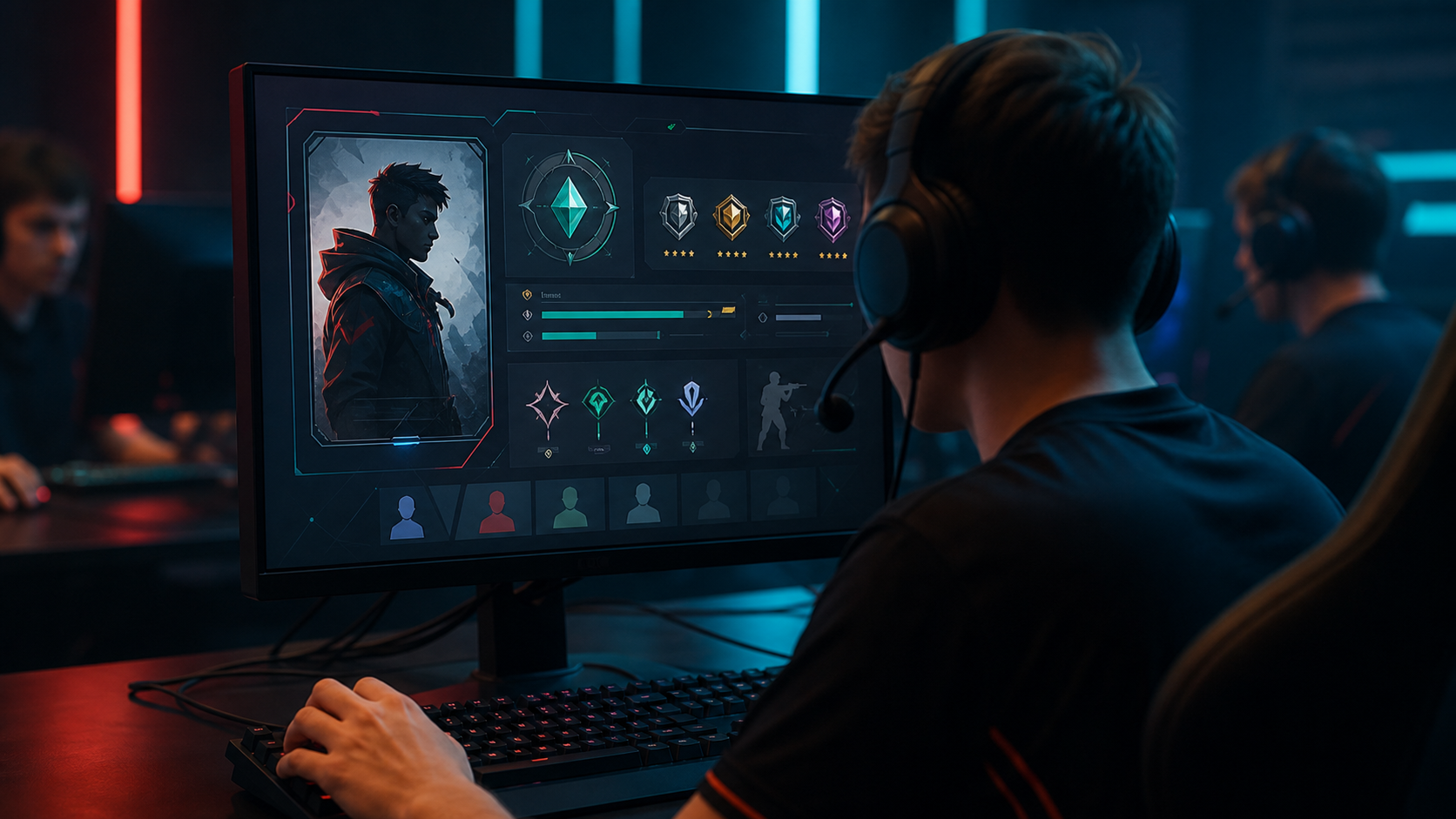 Player viewing a personalized tactical shooter profile card on a monitor