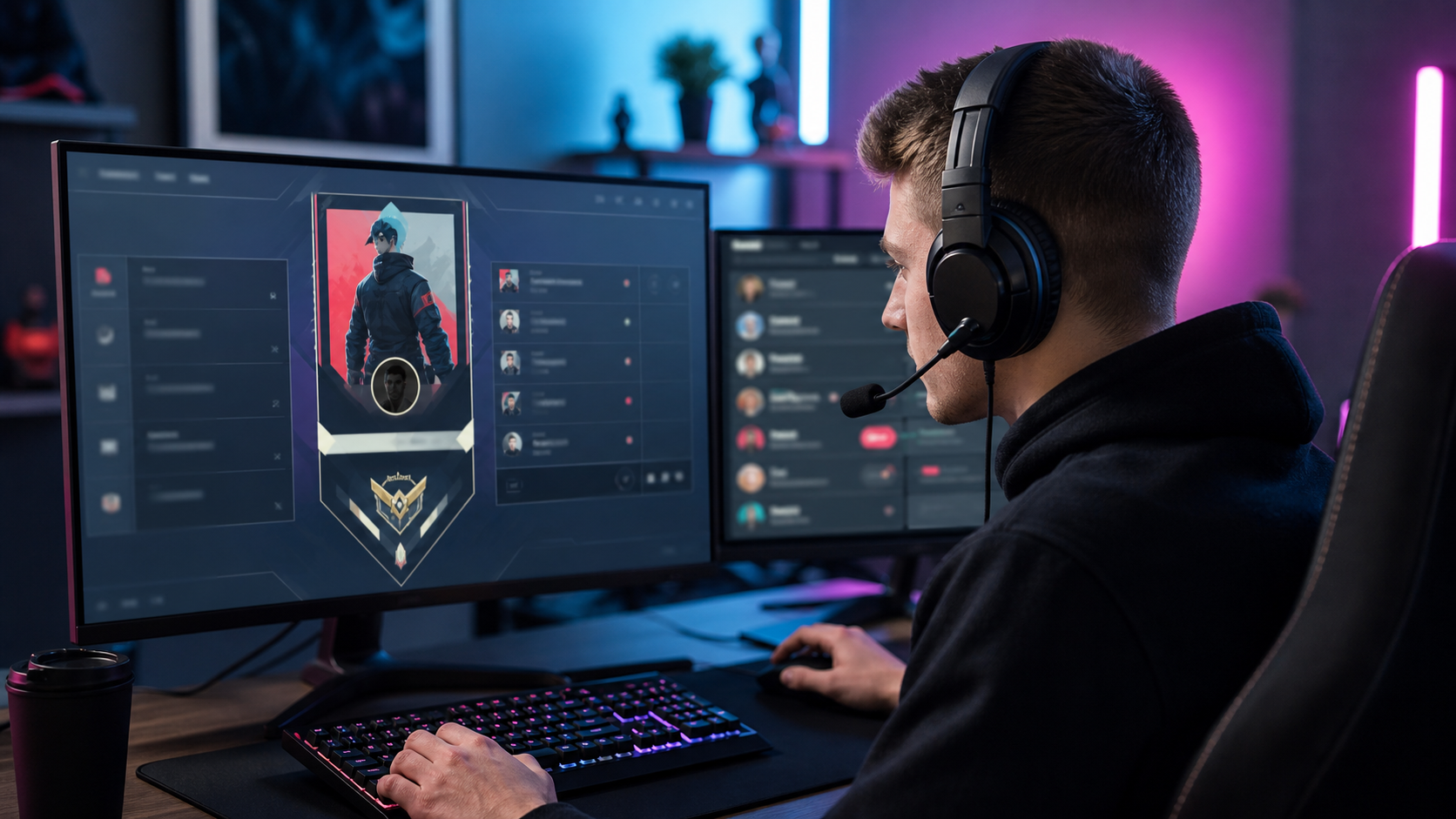 Player checking a tactical shooter profile card while forming a team lobby