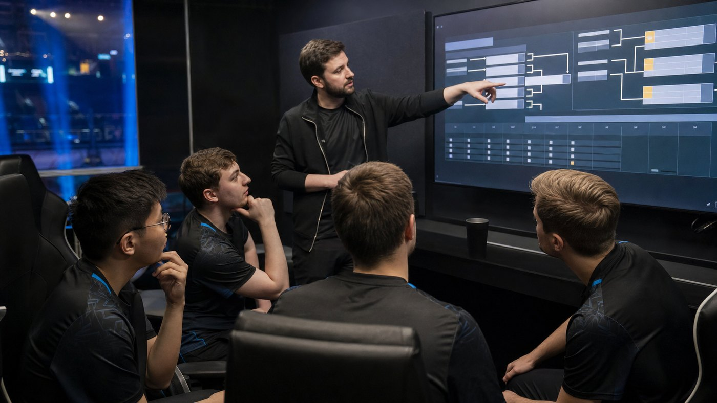 Esports team reviewing a two-day playoff bracket