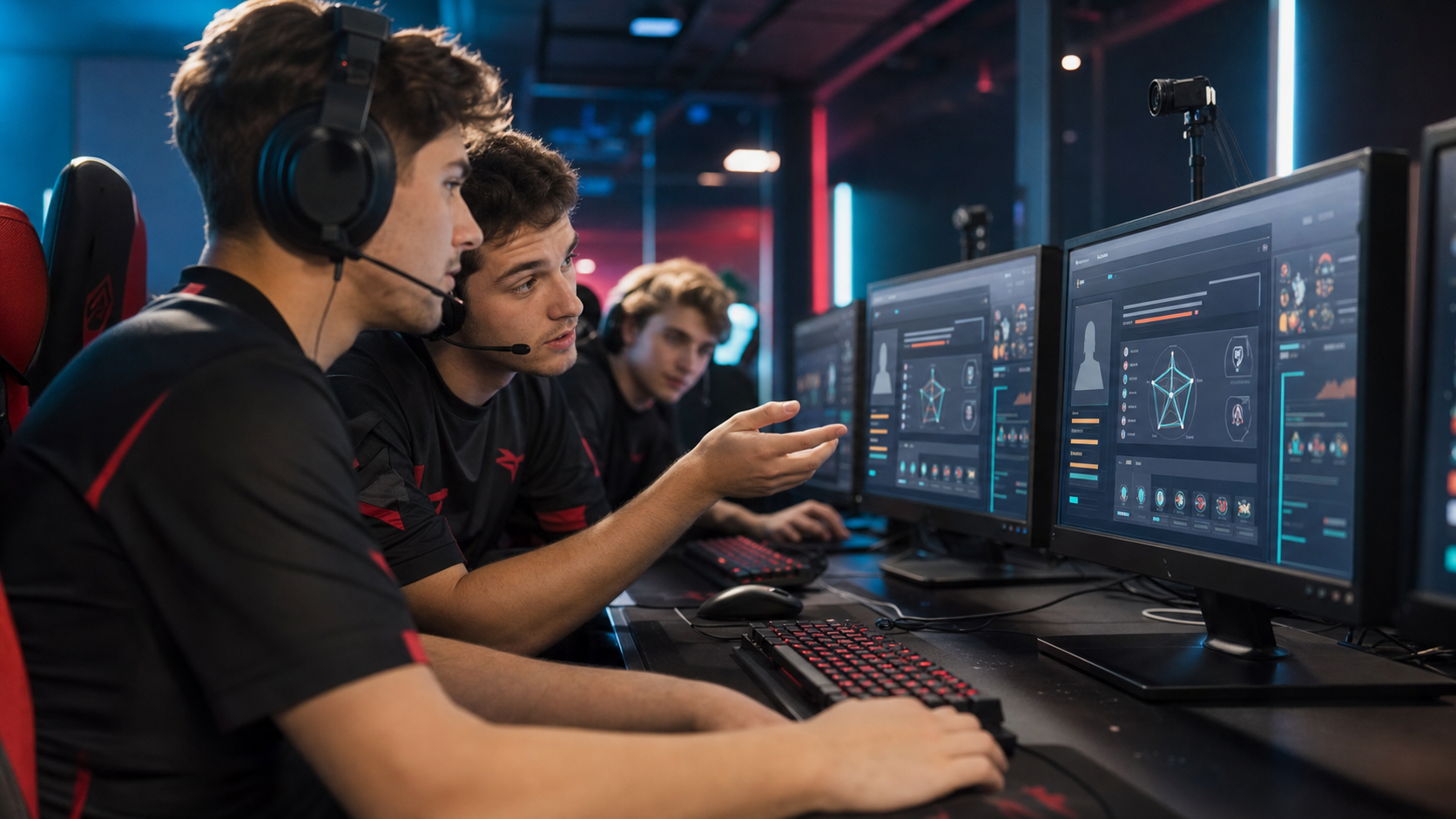Players and viewers watching a tactical shooter broadcast on a row of monitors