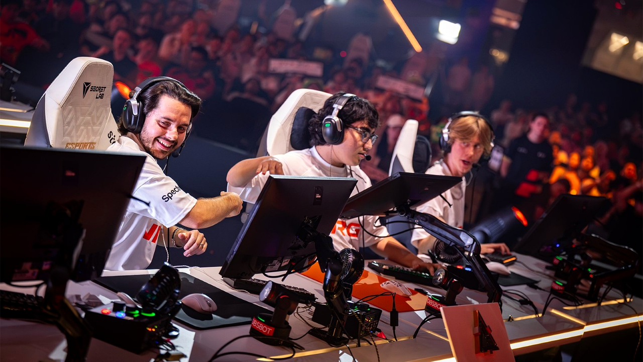100 Thieves and NRG players on stage before the EWC 2026 VALORANT final