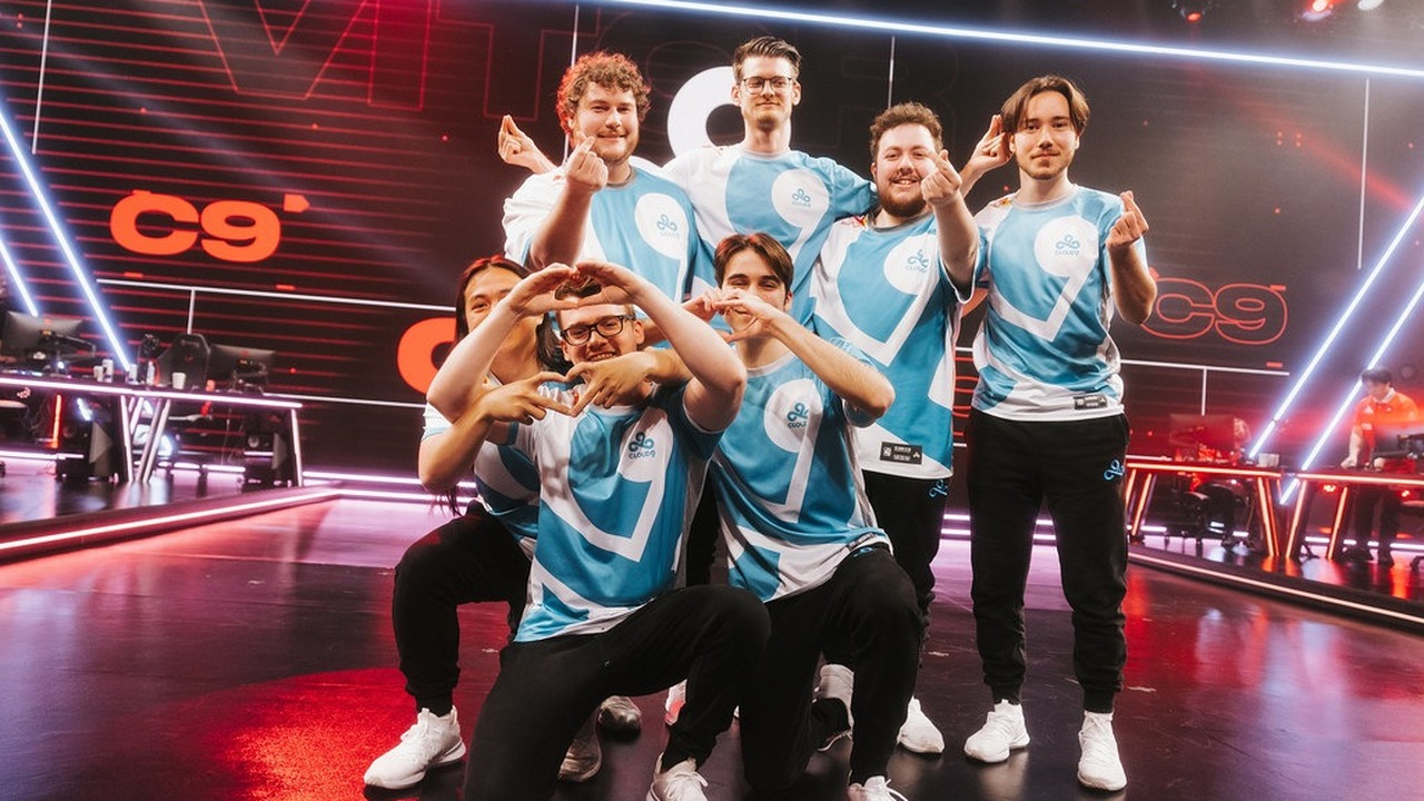 Cloud9 Valorant players pose together on stage