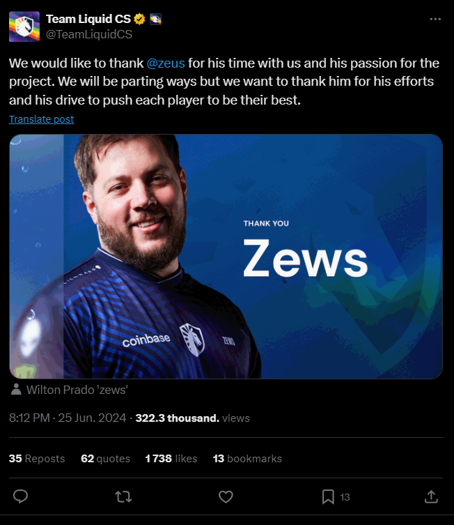 Liquid continues to reorganize their roster and bid farewell to their coach Wilton zews Prado, while the team also previously suspended Casper