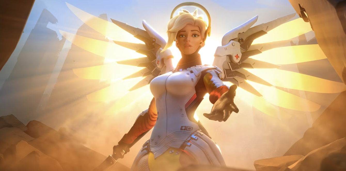 A Royal Transformation Mercy as Princess Peach in Overwatch 2