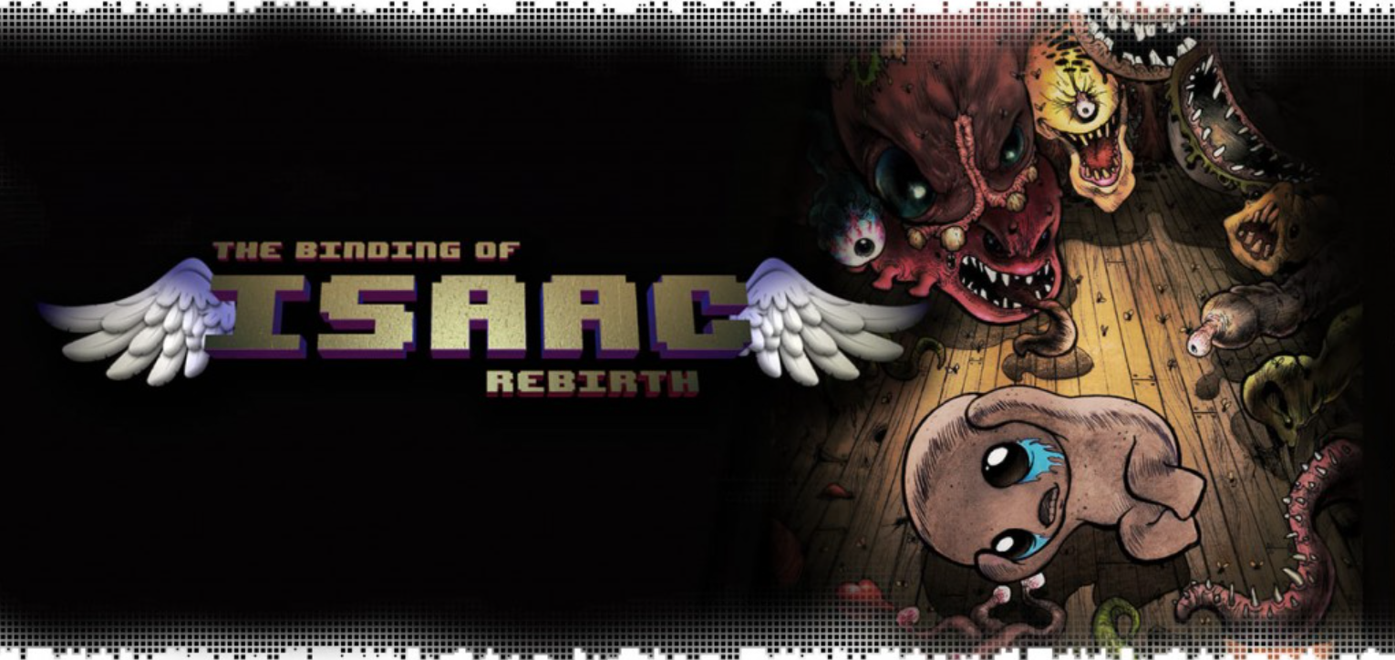 Gameplay screenshot of The Binding of Isaac: Rebirth, showing a procedurally generated dungeon filled with enemies and collectible items.