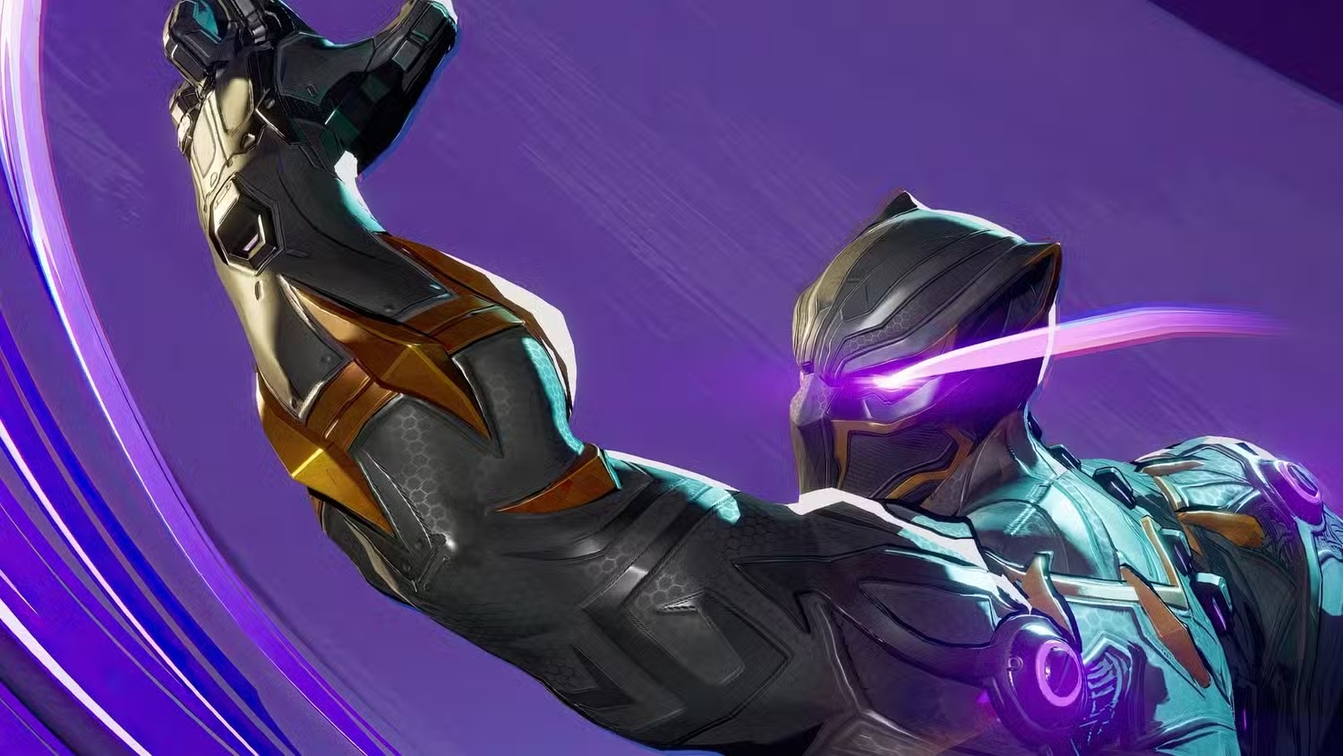 Black Panther sporting the Phoenix Panther skin, featuring sleek black and gold vibranium armor with a flaming crown on his mask.