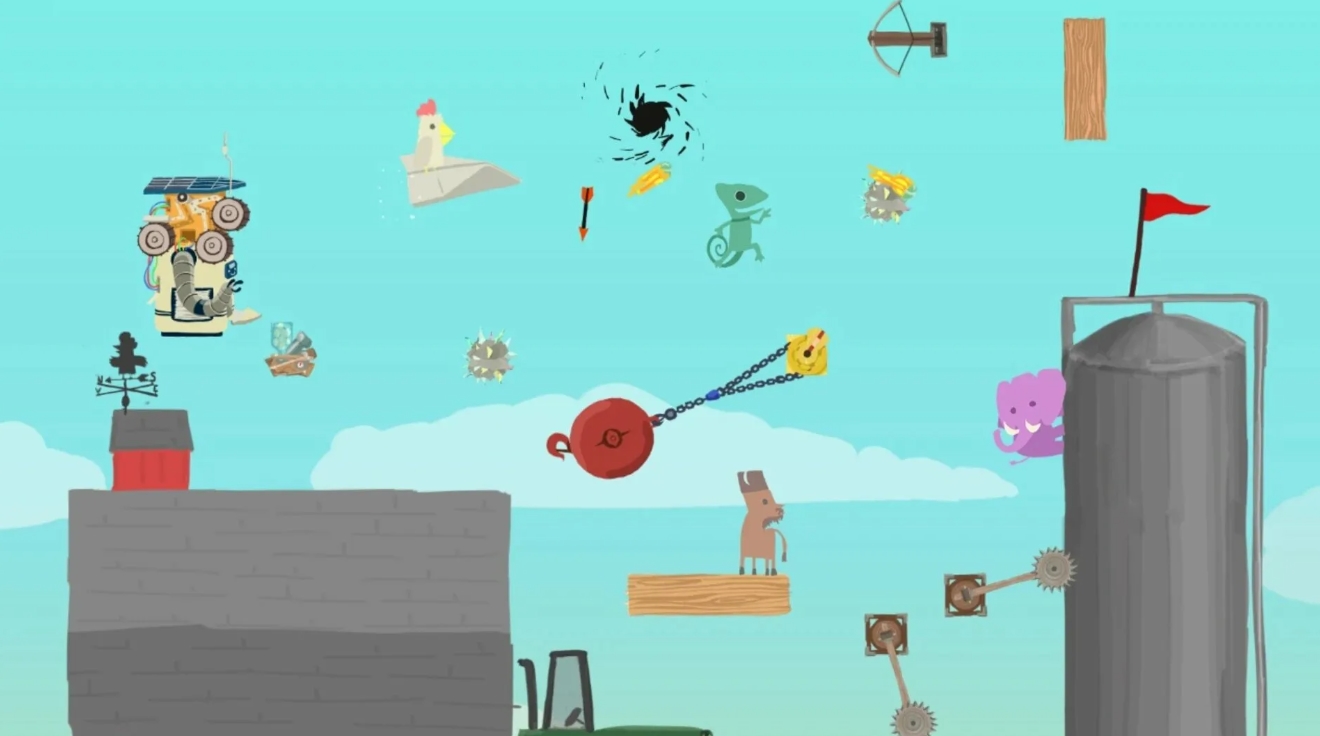 Air platform level with hazards, traps and animal characters in Ultimate Chicken Horse