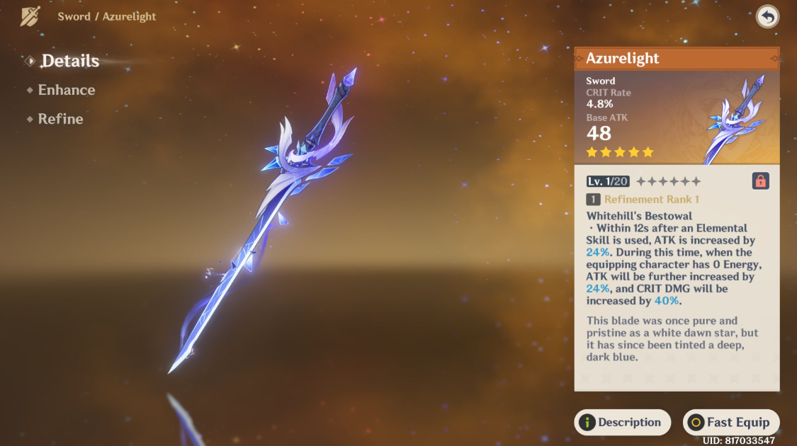 Azure Radiance sword Genshin Impact