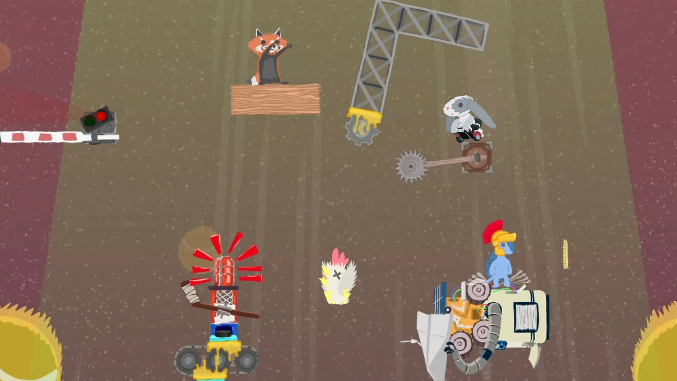 Chaotic platform level with traps and animals in Ultimate Chicken Horse
