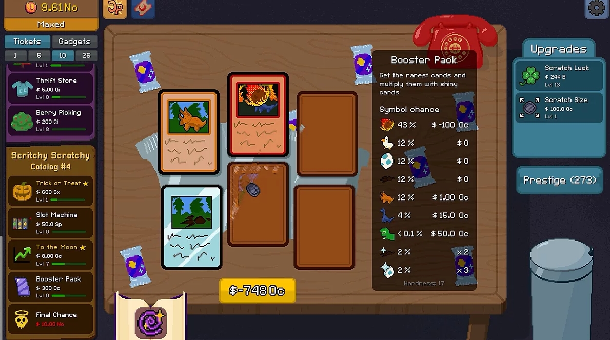 Gameplay of Scritchy Scratchy showing scratch cards on a table with upgrades and booster pack options