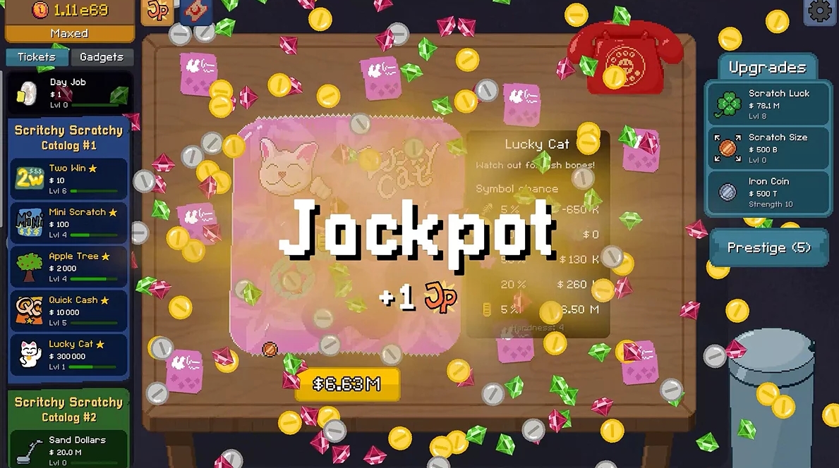 Jackpot win screen in Scritchy Scratchy with coins, gems, and lucky cat card celebration