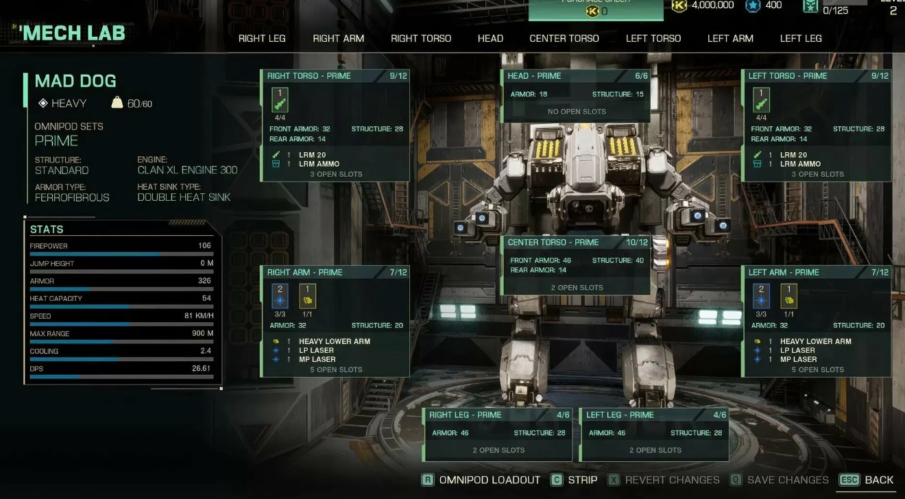 Mech Lab customization screen with loadout in MechWarrior 5 Clans