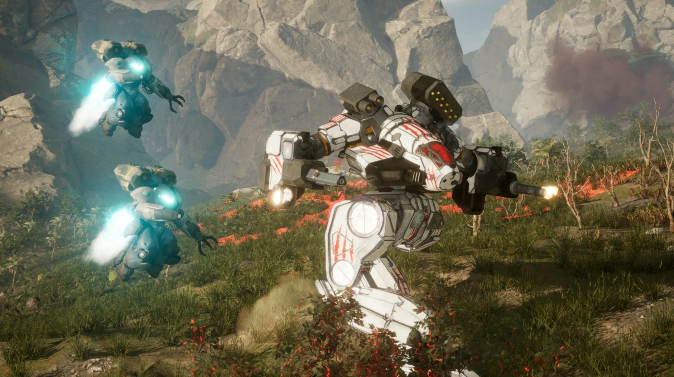 Mech fighting drones in rocky landscape in MechWarrior 5 Clans