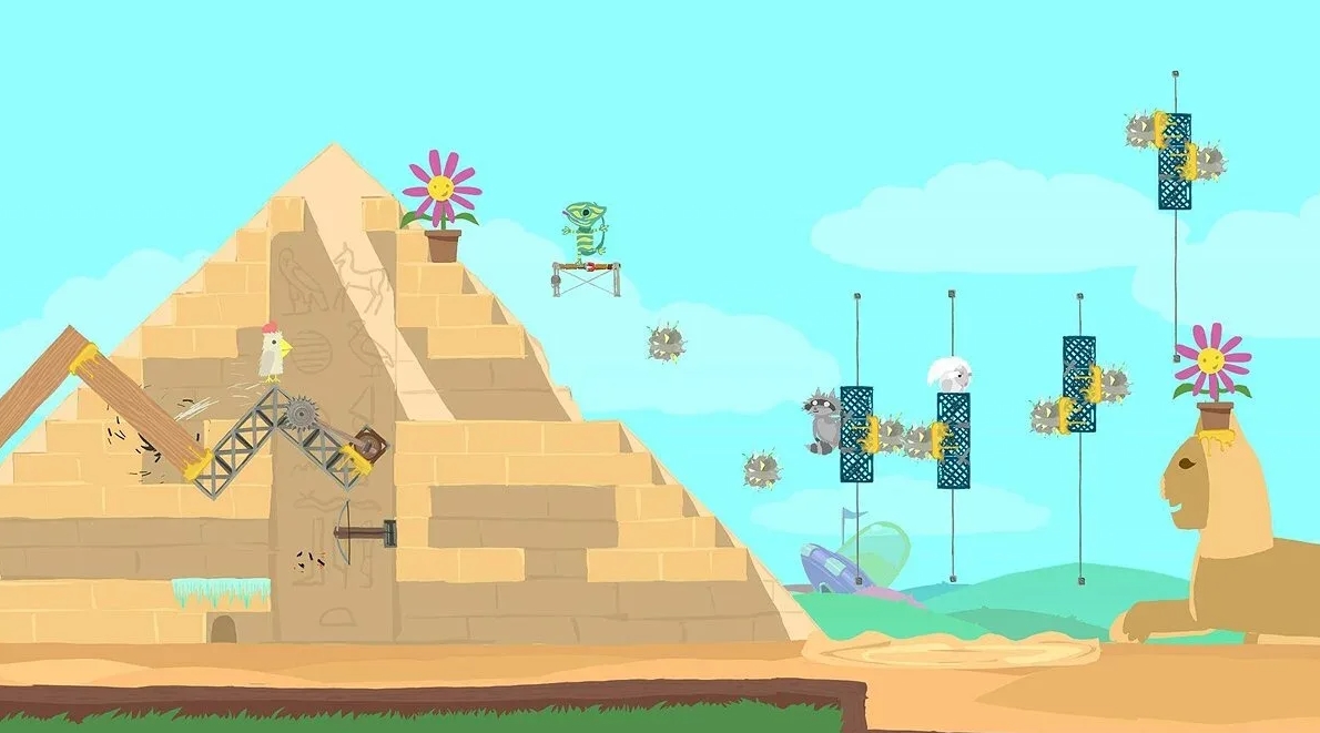 Pyramid-themed level with moving traps and characters in Ultimate Chicken Horse
