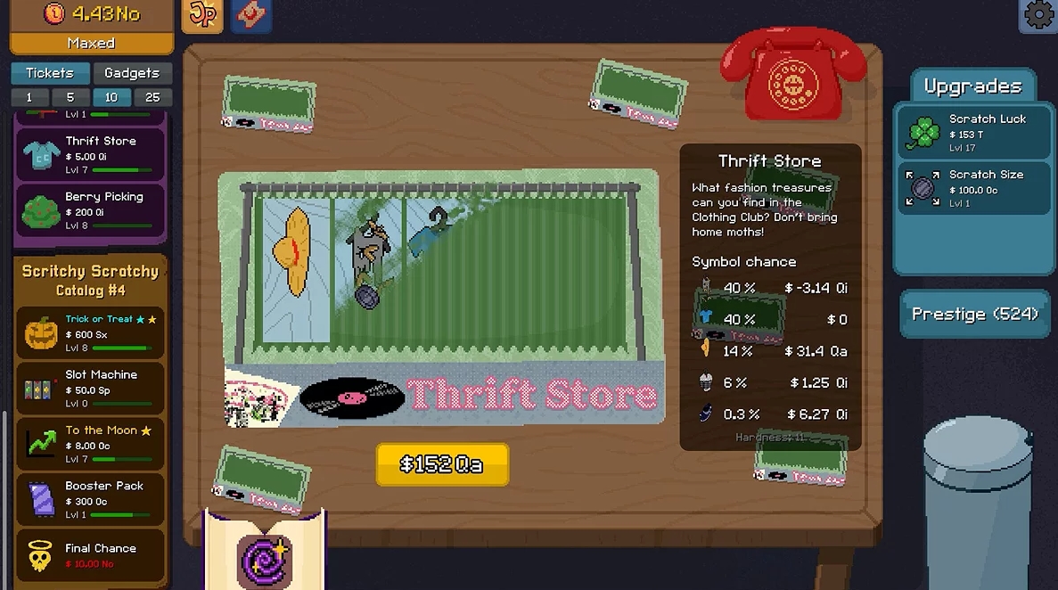Thrift Store scratch card gameplay in Scritchy Scratchy with item chances and upgrades panel