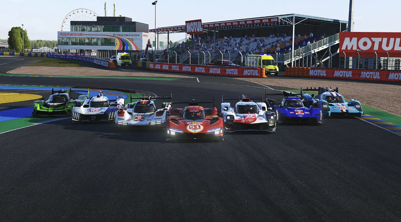Two GT race cars side by side on track in Le Mans Ultimate