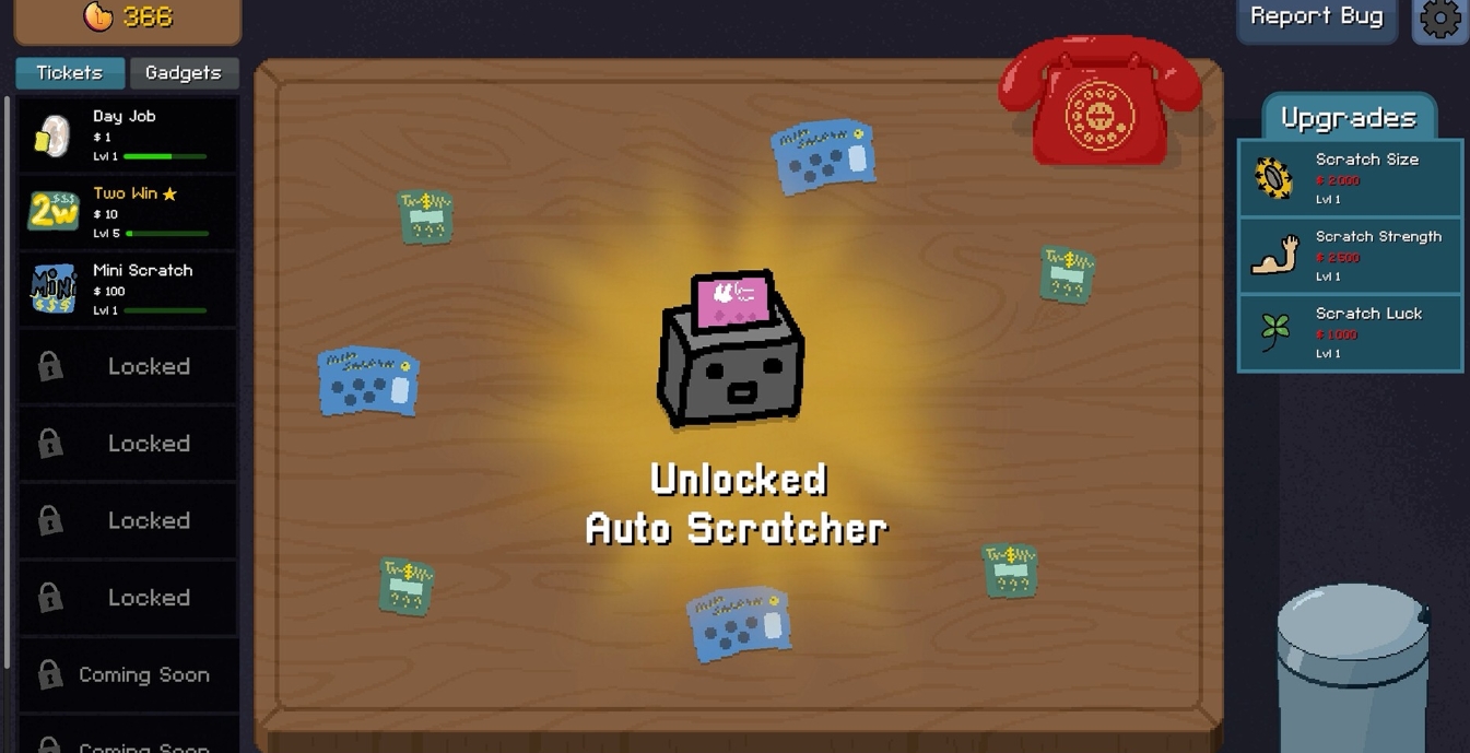 Unlock screen showing auto scratcher gadget in Scritchy Scratchy with upgrade menu