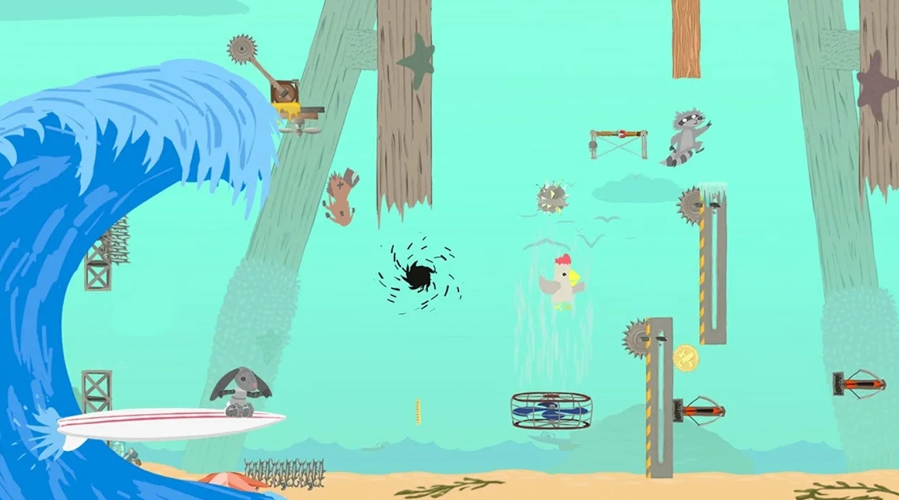 Wave obstacle level with spinning traps and animals in Ultimate Chicken Horse
