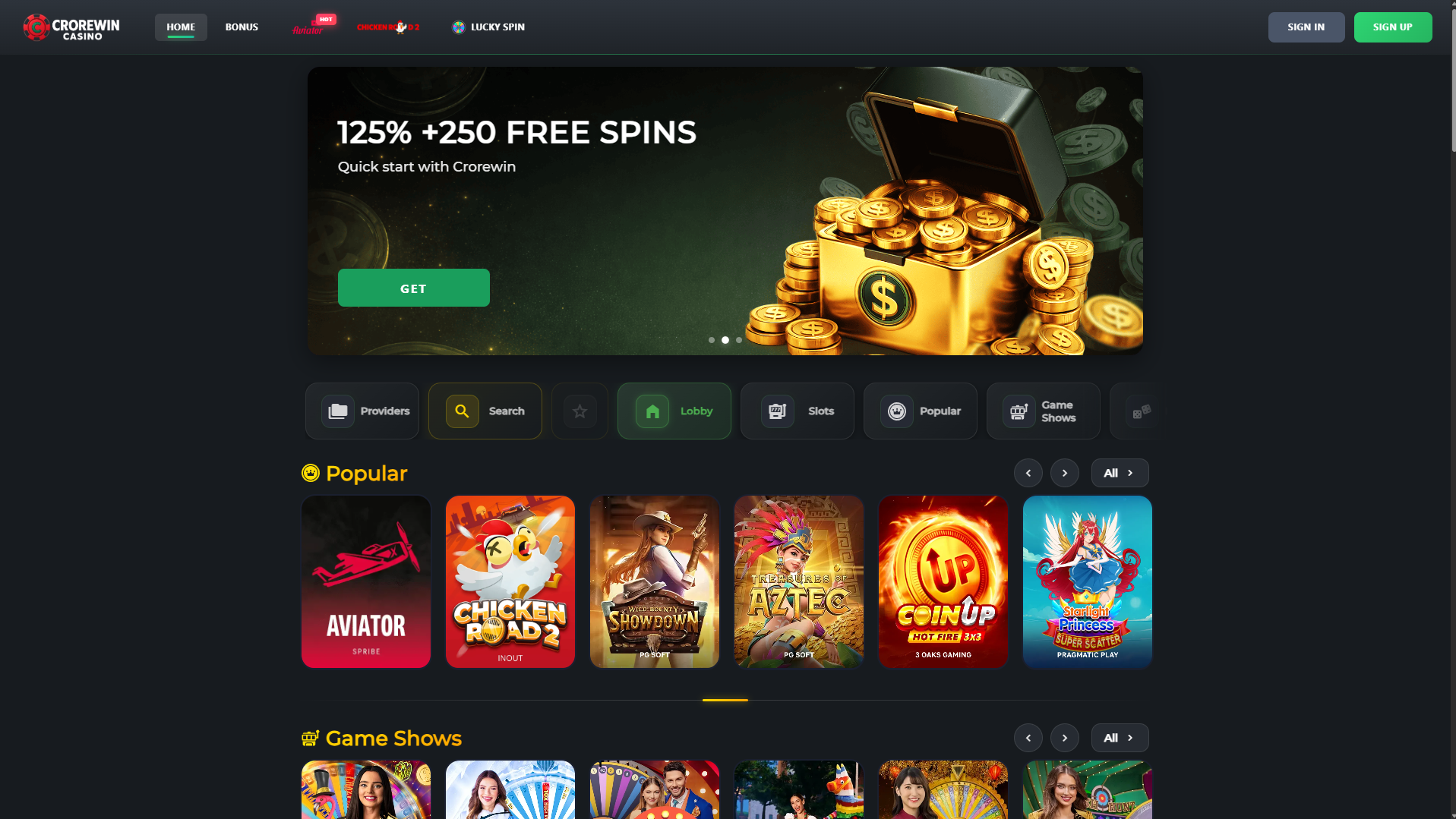 The game lobby of CROREWIN online casino showcasing a wide selection of games, including slots and live casino tables.