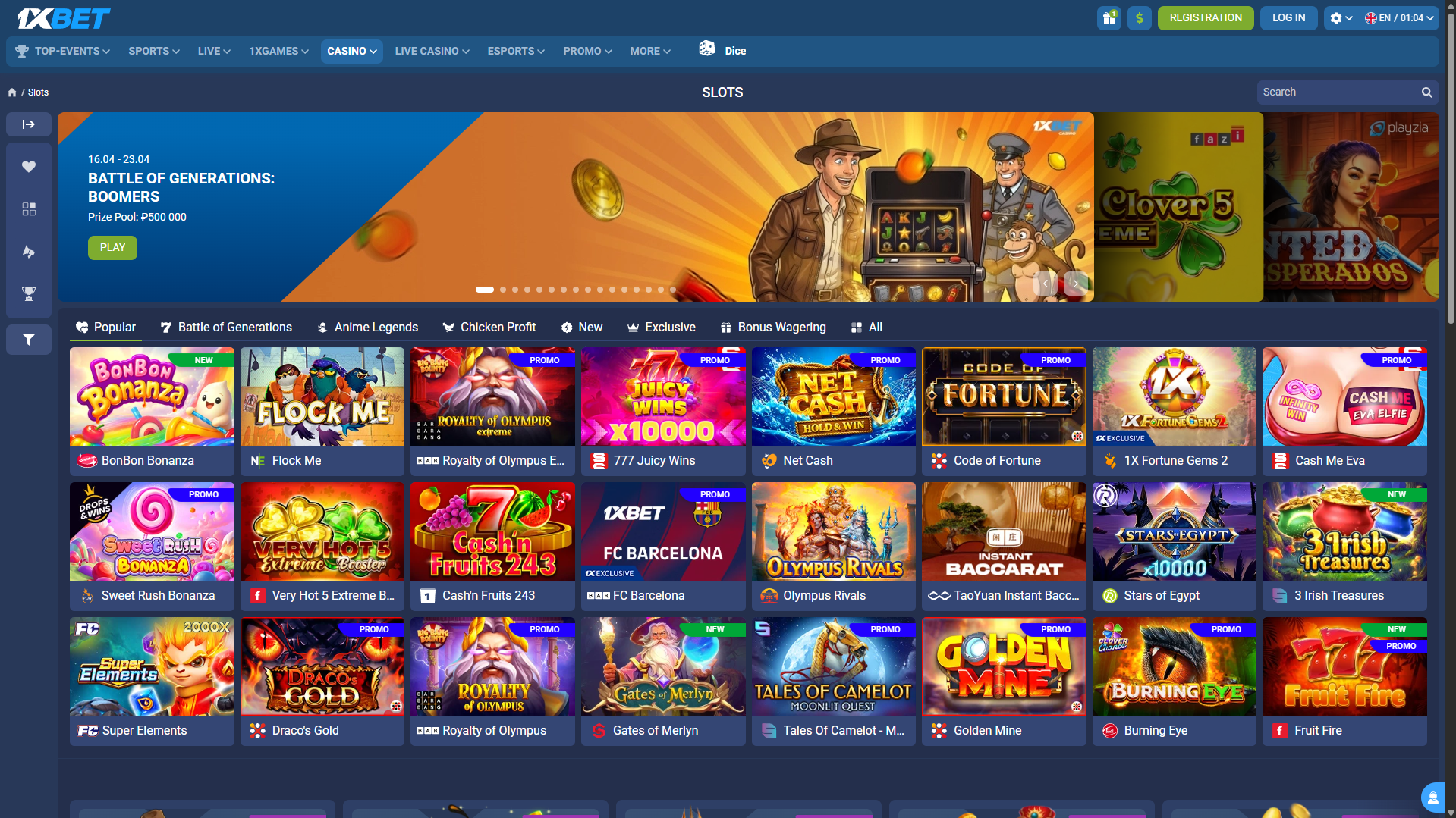 1xBet casino slots section with slot games, jackpots, and featured providers