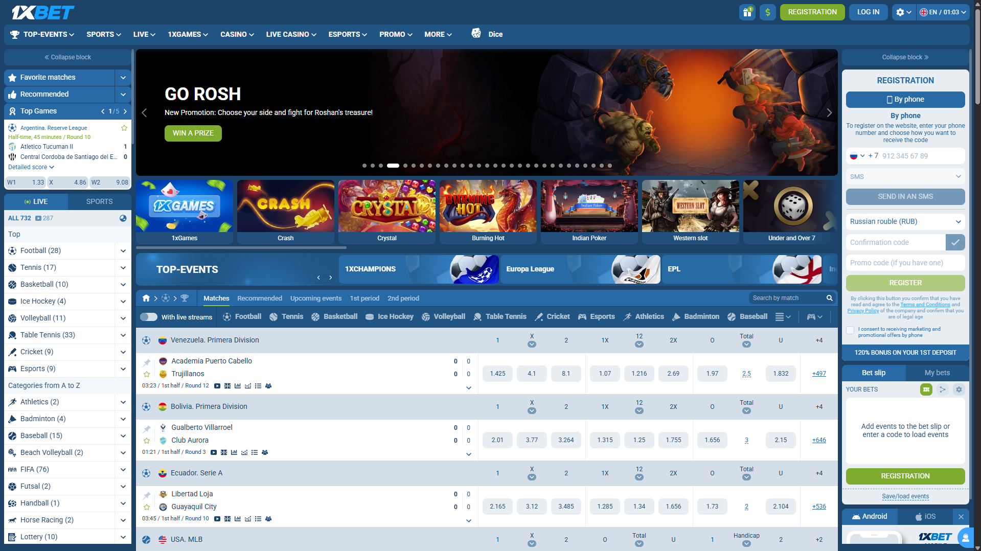 1xBet homepage with featured promotions, casino sections, and sports betting options