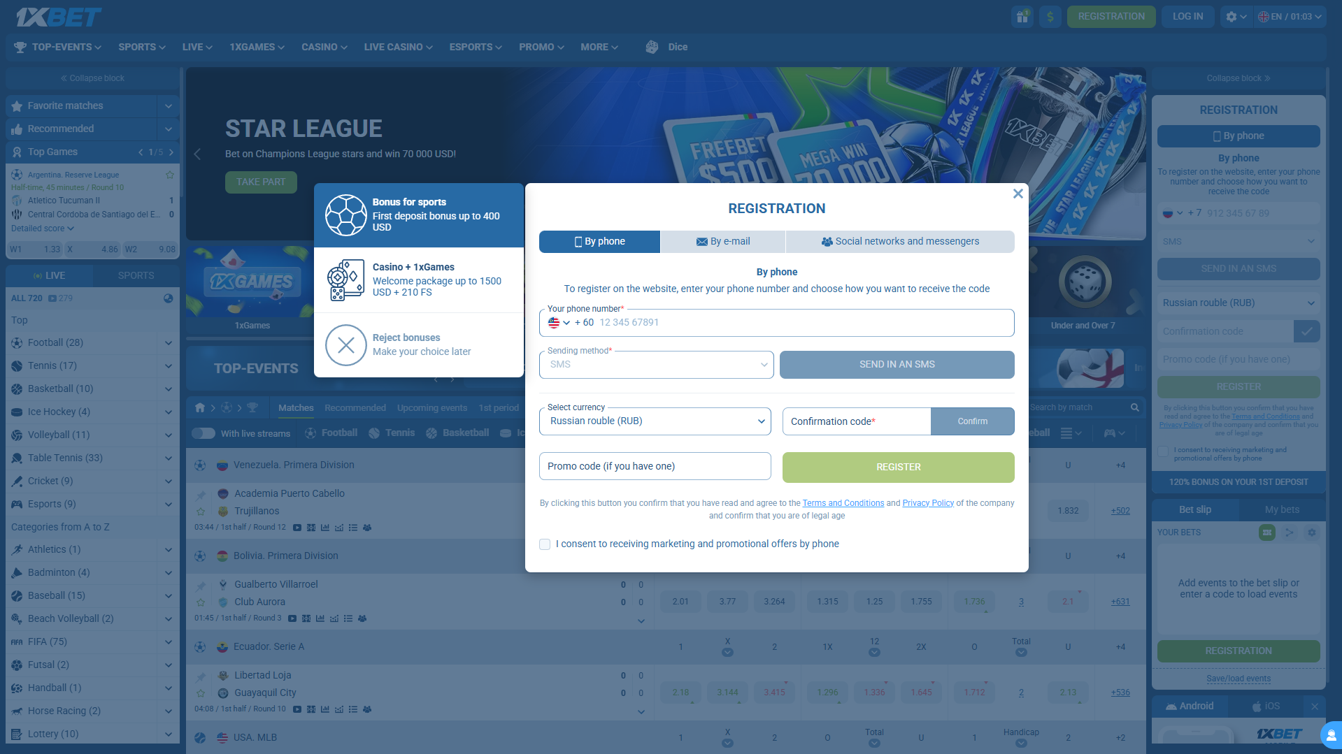 1xBet registration page with sign-up form and account creation options