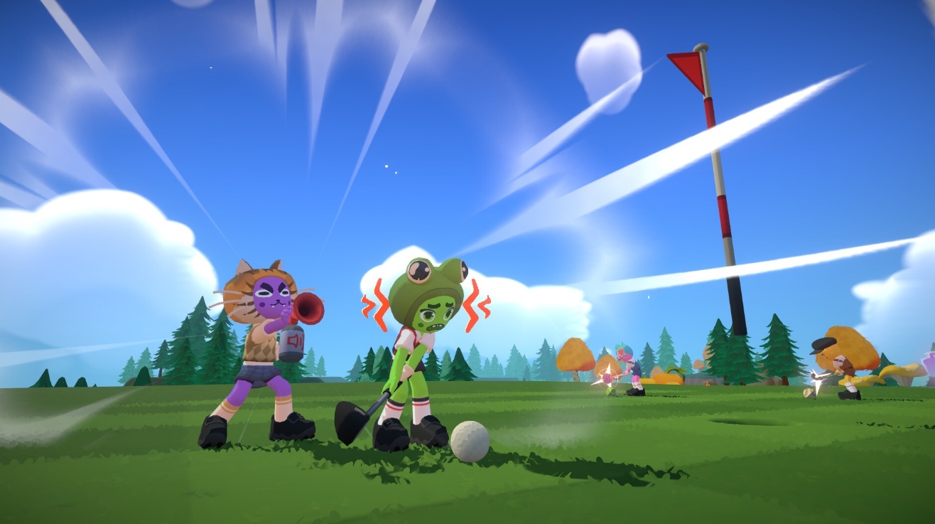 A stressed golfer prepares to hit the ball while being distracted by another player
