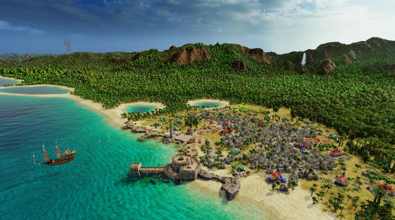 Caribbean colonial city and port with ships and tropical landscape in Port Royale 4