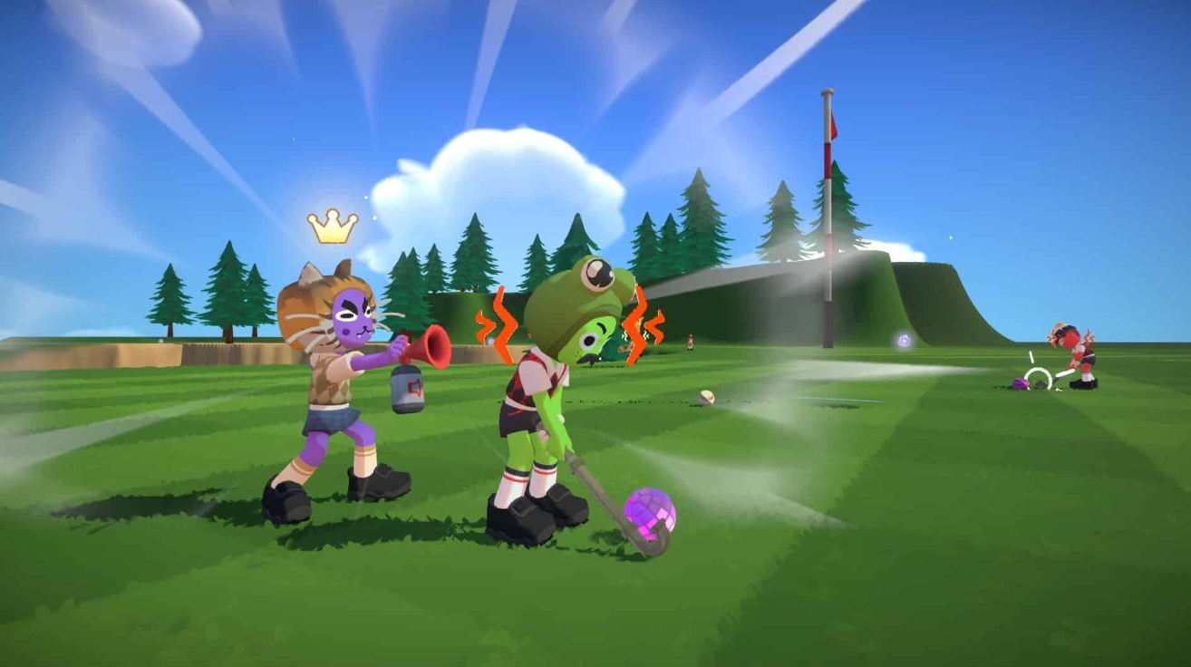 Cartoon golf characters distracting an opponent during a shot in Super Battle Golf