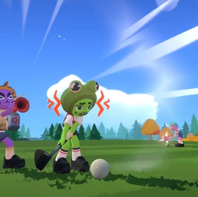 Close-up of a nervous golfer aiming a shot while opponents interfere
