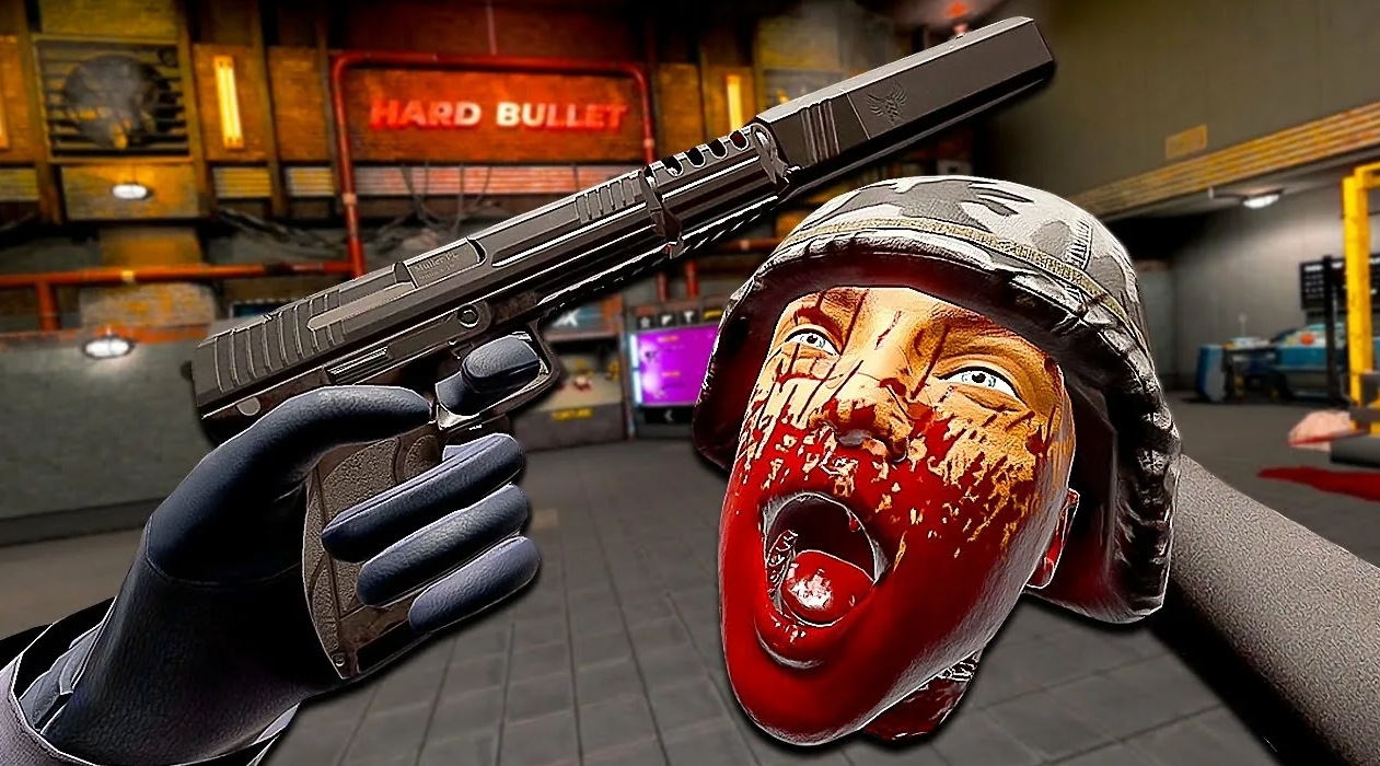 Close-up of a pistol and enemy head in Hard Bullet VR with realistic physics and gore effects