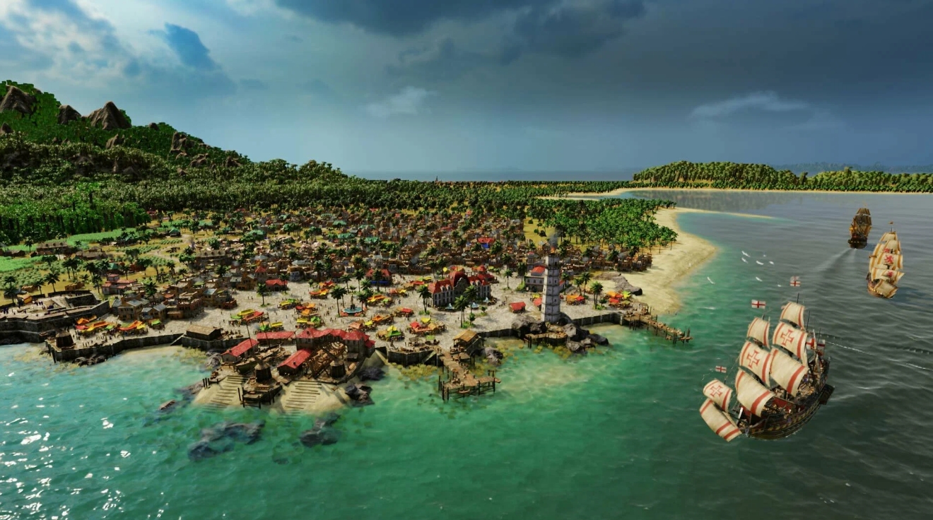 Colonial settlement on a Caribbean coast with trading ships in Port Royale 4