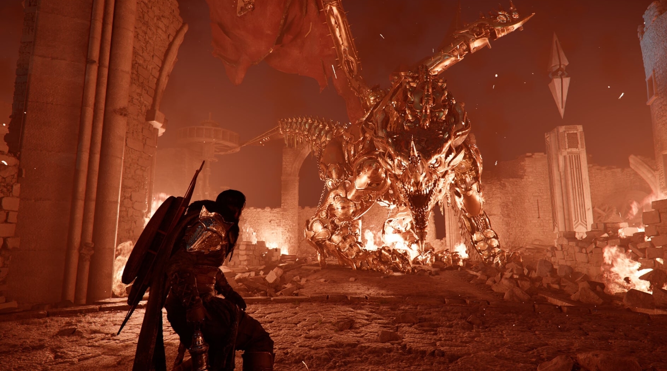Crimson Desert boss fight &ndash; warrior facing a massive fire dragon inside a ruined castle
