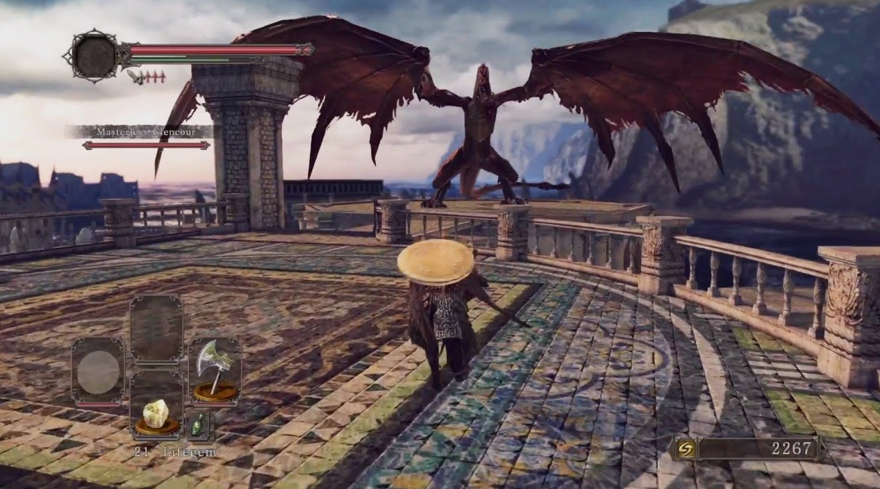 Dark Souls 2 dragon boss encounter on rooftop arena near the sea