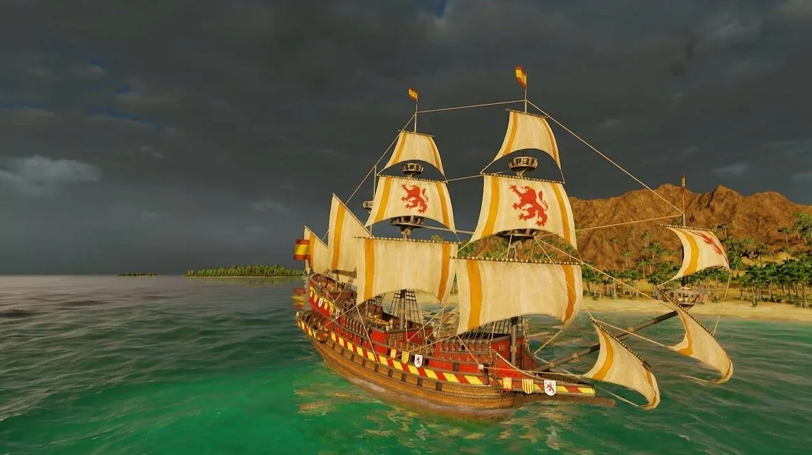 Detailed Spanish galleon sailing near tropical island in Port Royale 4