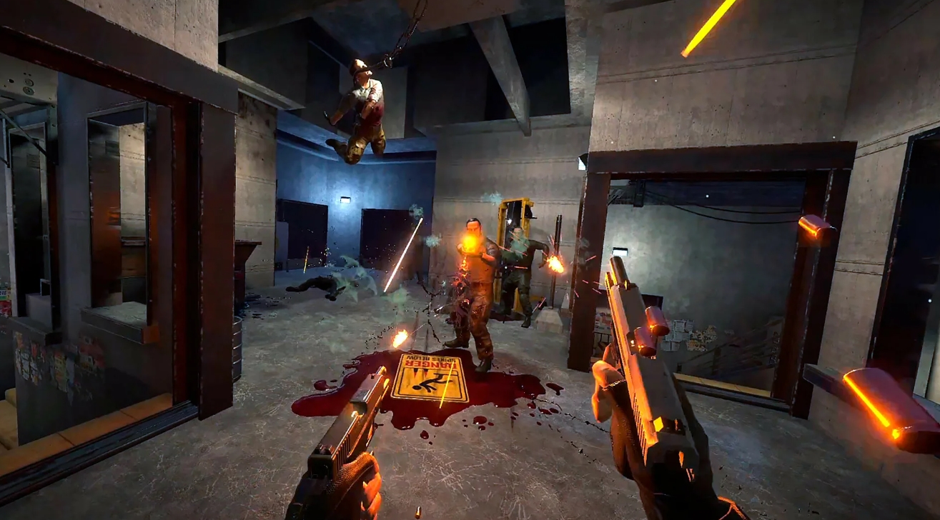 Dual-wield gunfight in Hard Bullet VR with multiple enemies in an industrial interior