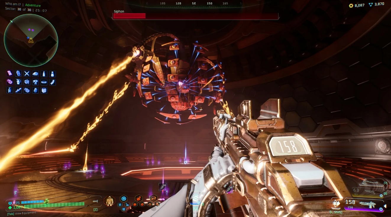 First-person battle against a mechanical spider boss with energy attacks in a sci-fi arena