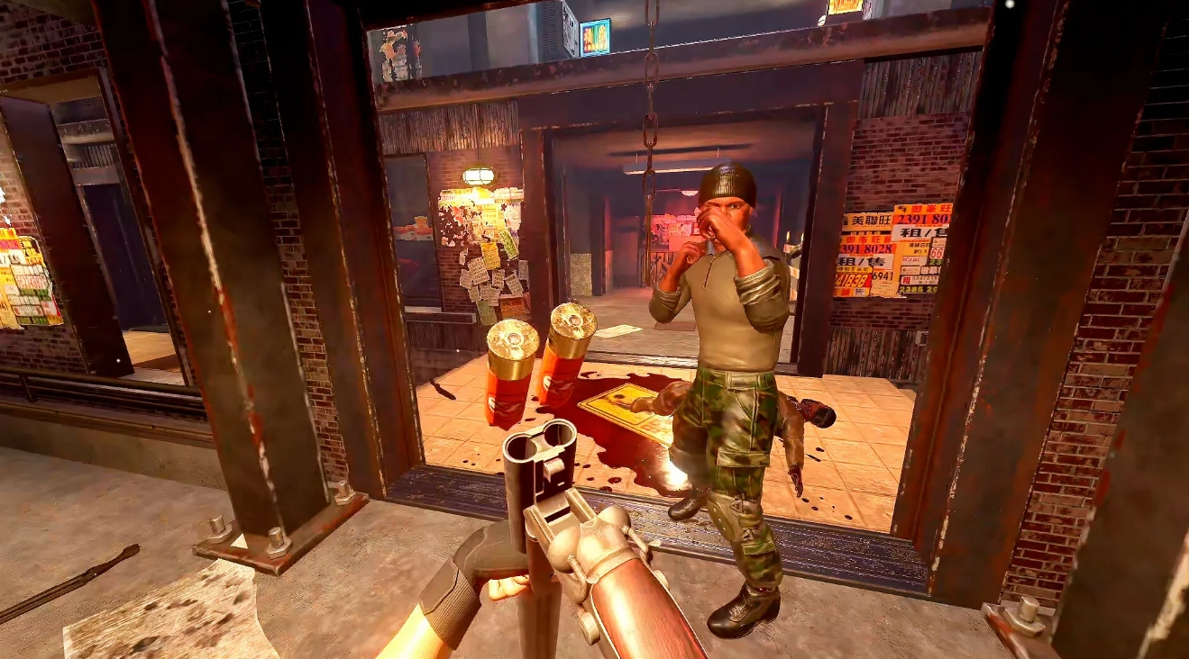 First-person combat scene in Hard Bullet VR with a shotgun aimed at an enemy in a neon-lit building