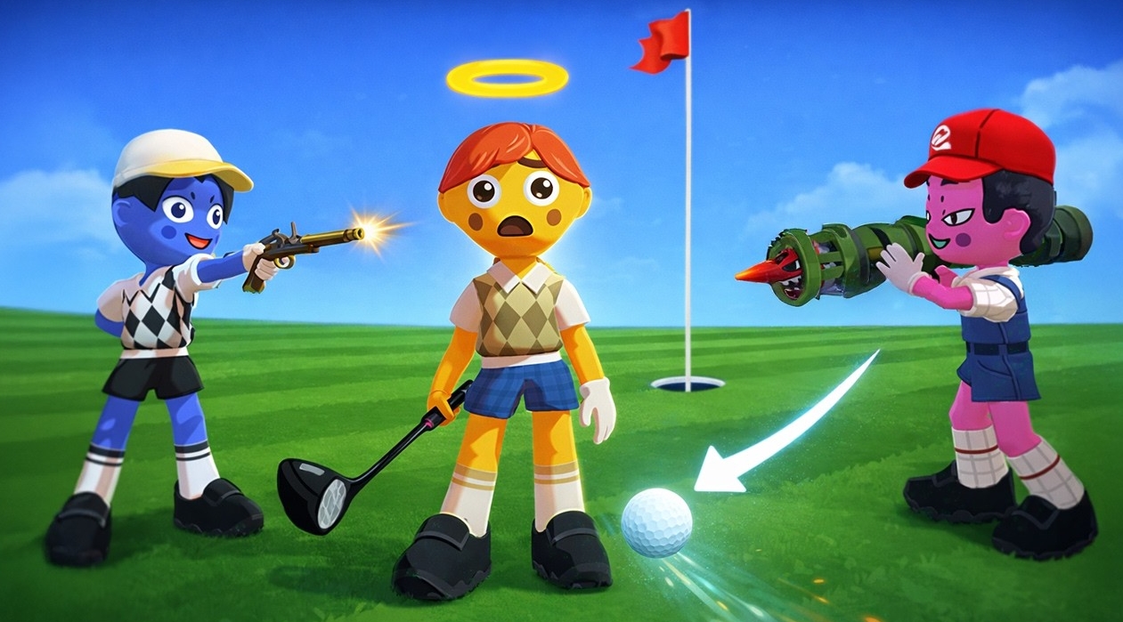 Funny battle golf scene with players using weapons to distract a golfer near the hole