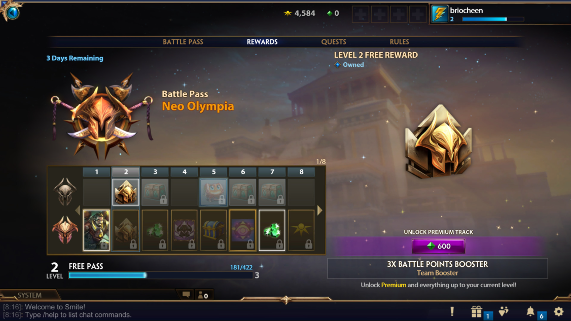 Game battle pass rewards screen