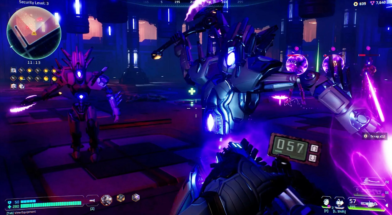 Intense firefight with futuristic robots using glowing weapons in a neon-lit sci-fi room