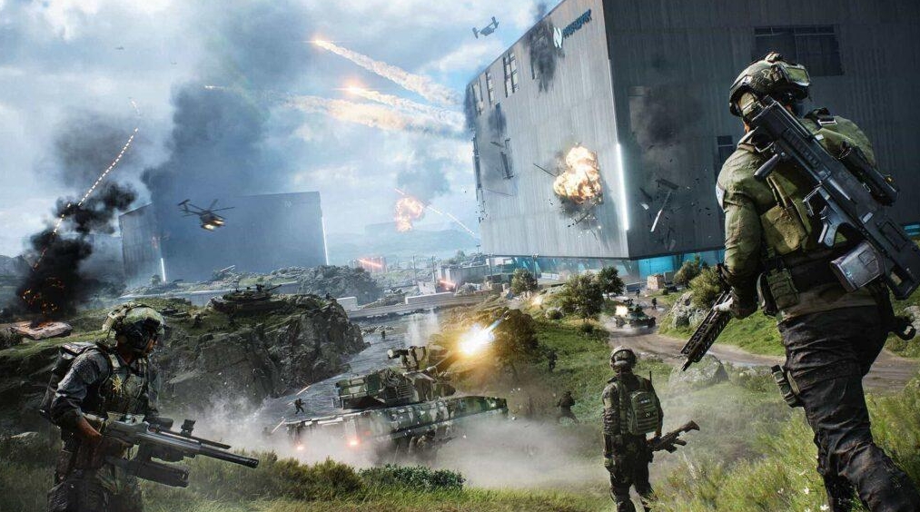 Intense urban combat with explosions and vehicles in Battlefield